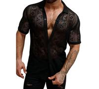 Mymyguoe Kinky Outfit Männer Spitzen Herrenhemd Durchsichtig Erotik Netz Hemd Unterwäsche Dessous Slim Fit Sexy Casual Bequem Soft Freizeithemd Netzhemd Strandhemden Lässig Lace Shirts