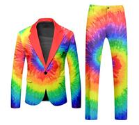 Mymyguoe Neon Farbigen Anzug 2 Teiler Herren Slim Fit Anzugjacke Anzughosen Zweiteiler Set Lustig Neuartiger Regenbogen Anzug Blazer Set Neon Thema Party-Outfit Disco-Nachtclub Performance Kostüm Set