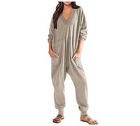 Mymyguoe Overall Damen Kuschelig Oversize Jumpsuit Langarm Onesie Pyjama Set Locker Nachthemden Lässig Einteiler Playsuit Strampler Freizeitanzug Leichte Anzug Locker v-Ausschnitt Hausanzug