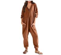 Mymyguoe Overall Damen Kuschelig Oversize Jumpsuit Langarm Playsuit Strampler Freizeitanzug Leichte Anzug Locker v-Ausschnitt Hausanzug Onesie Pyjama Set Locker Nachthemden Lässig Einteiler