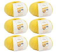 MyOma Merino Baby Wolle - Vanille (Fb 6015) - 6 Knäuel Gelb + GRATIS Label - Flauschig - 25g/140m - Nadelstärke 2,5-3mm - Zum Stricken