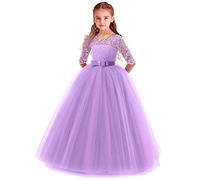 MYRISAM Blumenmädchenkleid mit 3/4 Arm Brautjungfern Spitzen Tüllkleid Bowknot Hochzeitskleid Prinzessin Erstkommunion Kleider Geburtstag Festzug Taufe Cocktail Abendkleid Ballkleid Lavendel 5-6