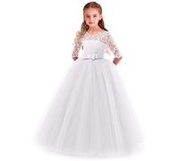 MYRISAM Blumenmädchenkleid mit 3/4 Arm Brautjungfern Spitzen Tüllkleid Bowknot Hochzeitskleid Prinzessin Erstkommunion Kleider Geburtstag Festzug Taufe Cocktail Abendkleid Ballkleid Weiß 5-6