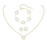 Myrnaist Kleeblatt-Schmuckset mit Blumendesign, vierblättriges Kleeblatt, Halskette für Frauen, Glücksklee-Armband, Ohrringe für Mädchen, 3-teilig, Kleeblatt-Schmuck im Blumenstil, Geschenk (white)