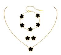 Myrnaist Kleeblatt-Schmuckset mit Blumendesign, vierblättriges Kleeblatt, Halskette für Frauen, Glücksklee-Armband, Ohrringe für Mädchen, 3-teilig, Kleeblatt-Schmuck im Blumenstil, Geschenk (black)