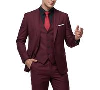 MY'S Herren 3-teiliges Slim-Fit-Anzug-Set mit Krawatte, 2-Knopf-Blazer-Jacke, Weste und Hose, Business, Hochzeit, Party, Abschlussball, Anzug für Herren, Burgunder, M