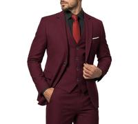 MY'S Herrenanzug, 3-teilig, schmale Passform, Ein-Knopf-Blazer, Jacke, Weste, Hose, Smoking, Set für Party, Hochzeit, Business und Abendessen, Burgunder, XS