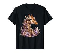 Mystische Giraffe mit lila Blumen und Kristallen T-Shirt