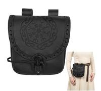 Mythrojan Leder Gürteltasche Mittelalter Original Ledertasche Kostüm Zubehör Beutel Wikinger Gürtel Münztasche, Schwarz mit Gravur, 8" x 7", Schwarze geprägte Ledertasche
