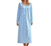 MZROCR Baumwoll-Nachthemden für Damen, langärmelig, für Erwachsene, weiche Damen-Nachtwäsche, Blaue und weiße Blume, XX-Large