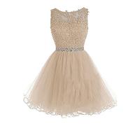 N/ C SAYNO Damen Applikationen Ballkleider Kurz Homecoming Party Cocktailkleid A Linie Tüll, champagnerfarben, 44