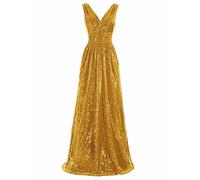 N/ C SAYNO Damen Pailletten Brautjungfernkleid Ärmellos Maxi Abend Prom Kleider, gold, 50