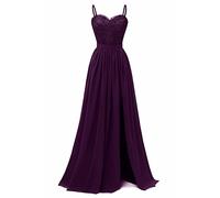 N/ C SAYNO Damen V-Ausschnitt Spaghettiträger Brautjungfernkleid Lange Seite Split Chiffon Spitze Hochzeit Abend Prom Kleider, pflaume, 38