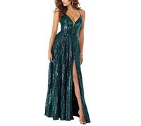 N/ C SAYNO Pailletten-Brautjungfernkleider, lang, tiefer V-Ausschnitt, mit hohem Spaltstreifen, Abendkleid, Partykleid, smaragdgrün, 32