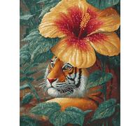 N.LANSHAN 11CT Diy Kreuzstich Stickpackungen Tiger Unter Den Blumen Stickvorlagen Wasserlöslich Kreuzstich Stickpackung Sticken Stickbild Set Für Erwachsene Anfänger 50x70cm