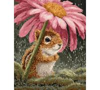 N.LANSHAN 11CT Diy Stickset Für Anfänger Eichhörnchen Und Blumen Im Regen Stickvorlagen Wasserlöslich Kreuzstich Stickpackung Sticken Stickbild Set Für Erwachsene Anfänger 30x40cm