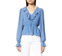 NA-KD Damen Chiffonbluse mit Rüschen, V-Ausschnitt, blau, 44