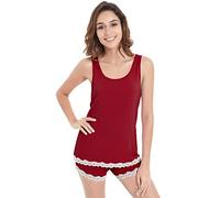 NACHILA Schlafanzug für Damen, Viskose aus Bambus, geripptes Racerback-Tanktop und Shorts, Pyjama-Set, ärmellos, Schlaf-Cami-Pyjama, B-Wine Rot, XXL