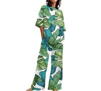 Nachthemd Baumwolle Damen -Outfits für Damen, 2-teiliges Set aus Baumwollleinen, übergroße T-Shirts und gerade geschnittene Hose, Trainingsanzug in Frauen Schlafanzug Sexy Set Pyjama Damen (Green, L)