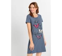 Nachthemd BONPRIX, Damen, Gr. 44/46 (L), N-Gr, blau (rauchblau bedruckt), Jersey, Obermaterial: 100% Baumwolle, bedruckt, unifarben, Basic, Basic ca. Mitte Oberschenkel, Rundhals, Kleider Nachthemd, a