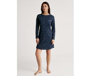 Nachthemd CALIDA "Sweet Dreams", Damen, Gr. M (44/46), N-Gr, blau (peacoat blau), Interlock, Obermaterial: 100% Baumwolle, gemustert, gerade kniefrei, Rundhals, Kleider Nachthemd, Brusttasche, Pure Co