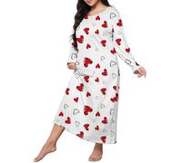 Nachthemd Damen angarm Winter Plus Size Casual Schlafkleid Damen Plus Herzdruck Langarm Rundhalsausschnitt Medium Stretch Loose Nachthemd Unterziehkleid Damen (Watermelon Red, XXXXL)