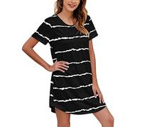 Nachthemd Damen Kurzarm Gestreift, Nachtkleid Damen Baumwolle Kurz Sleepshirt Bequeme Weiche Schlafhemd Rundhal Freizeitkleid Locker Leicht Schlafshirt Negligee Sleepwear Gestreift-Sleepshirt