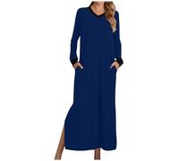 Nachthemd Damen Langarm Baumwolle Schlafshirt Kleider Lange Elegant Nachtwäsche Sexy V-Ausschcnitt Nachtkleid mit Taschen Schlafkleid Bequemes Einfarbig Schlafhemd T-Shirt Loungewear