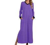 Nachthemd Damen Langes Schlafshirt mit Taschen Langarm Baumwolle Schlafhemd V-Ausschnitt Nachtwäsche Sleepwear Bequeme Nachtkleid Freizeitkleid Schlafkleid Oversize Schlafanzug (Purple, XXL)
