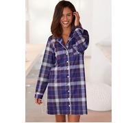 Nachthemd H.I.S, Damen, Gr. 34, N-Gr, blau (blau, kariert), Flanell, Obermaterial: 100% Baumwolle, gemustert, kariert, kurz, V-Ausschnitt, Manschette kontrastfarben, Kleider Nachthemd, aus Flanell im 
