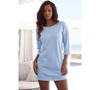 Nachthemd H.I.S, Damen, Gr. 36/38, N-Gr, blau, Single Jersey, Obermaterial: 95% Baumwolle, 5% Elasthan, bestickt, gestreift, Basic, loose fit mini, Rundhals, Kleider Nachthemd, mit Logostickerei auf d