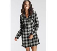 Nachthemd H.I.S, Damen, Gr. 42, N-Gr, schwarz (schwarz, kariert), Flanell, Obermaterial: 100% Baumwolle, kariert, kurz, V-Ausschnitt, Manschette kontrastfarben, Kleider Nachthemd, aus Flanell im Karo-