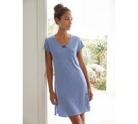 Nachthemd H.I.S, Damen, Gr. 44/46, N-Gr, blau (blau, geringelt), Single Jersey, Obermaterial: 100% Baumwolle, gestreift, figurumspielend kurz, V-Ausschnitt, eingesetzt Babylock kontrastfarben, Kleider