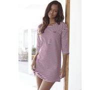 Nachthemd H.I.S, Damen, Gr. 48/50, N-Gr, rot (bordeaux), Single Jersey, Obermaterial: 95% Baumwolle, 5% Elasthan, bestickt, gestreift, Basic, loose fit mini, Rundhals, Kleider Nachthemd, mit Logostick