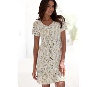 Nachthemd LASCANA, Damen, Gr. 44/46, N-Gr, blau (creme, gemustert), Single Jersey, Obermaterial: 50% Baumwolle, 50% Viskose, geblümt, bequem kurz, Rundhals, eingesetzt, Kleider Nachthemd, mit schönem