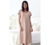 Nachthemd LASCANA, Damen, Gr. 44/46, N-Gr, rosa (altrosa), Single Jersey, Obermaterial: 50% Baumwolle, 50% Viskose, unifarben, bequem Midi, V-Ausschnitt, angeschnitten,mit Aufschlag, Kleider Nachthemd