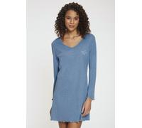 Nachthemd S.OLIVER, Damen, Gr. 32/34, N-Gr, blau (blau meliert), Rippstrick, Obermaterial: 60% Baumwolle, 40% Polyester, meliert, bequem kurz, V-Ausschnitt, Trompetenärmel Babylock kontrastfarben, Kle