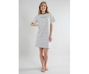 Nachthemd TOM TAILOR "Zaria", Damen, Gr. 40L, N-Gr, weiß, Single Jersey, Obermaterial: 95% Baumwolle, 5% Elasthan, bequem kniefrei, Rundhals, Kleider Nachthemd, Allover gestreift (64322752-40) weiß