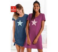 Nachthemd, Damen, Gr. 56/58, N-Gr, bunt (bordeaux, marine), Single Jersey, Obermaterial: 100% Baumwolle, VIVANCE DREAMS BY LASCANA, Basic, kurz, Kleider Nachthemd, mit Sternenprint (25648433-56) borde