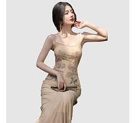 Nachthemden aus weichem Satin für Damen, Meerjungfrauenkleid mit Schmetterlingsdruck, Hosenträger, asymmetrisches Overknee-Kleid mit hoher Taille, elegantes, reines Verlangen, Wind, langer Rock, sexy Kleid, einfarbig, S