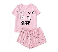 Nachthemden Für Damen Kurzarm Baumwolle - Loungewear Damen Set Sexy Kurz, Komfortabel Tops Mit Shorts Loungewear Trendy Sleepshirt Mit Let Me Sleep Muster Crewneck Zweiteiliger Kurzarm Nachtwäsche