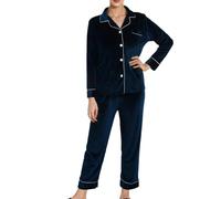 Nachtwäsche, Damen, kuschelig, Fleece, Pyjama, große Größe, Fleece, Nachtwäsche, warm, weich, Pyjama, Langarm, lange Hose, Baumwolle, Sleepwear, dunkelblau, 42