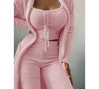 Nachtwäsche Robe Winter Bademantel Flauschig Fleece Morgenmantel Herbst Winter Damen Samt Pyjama Set Crop Top + Lange Hose + Mantel 3 Stück Anzug Warm Soft Fleece Homewear Pyjama S-3Xl,Rosa (Lange Hos