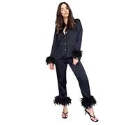 Nachtwäsche Satin Schwarz Lang - Damen 2 Teiler Schlafanzug Set Pyjama Mit Federn Hausanzug Langarm Knopfleiste Lounge Baggy Freizeitanzug Weich Schlafanzüge Frühling Sommer Schlafshirt Leicht Top