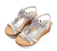NACKINg Damen Keilsandalen Frauen Sandalen Sommer Glitzer Strass Sandaletten mit Keilabsatz Elegant Bequem Wedge Sandals Sommerschuhe, Silber, EU 36