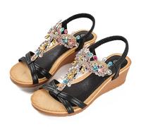 NACKINg Damen Keilsandalen Frauen Sandalen Sommer Glitzer Strass Sandaletten mit Keilabsatz Elegant Bequem Wedge Sandals Sommerschuhe, Schwarz, EU 37