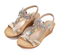NACKINg Damen Keilsandalen Frauen Sandalen Sommer Glitzer Strass Sandaletten mit Keilabsatz Elegant Bequem Wedge Sandals Sommerschuhe, Gold, EU 37