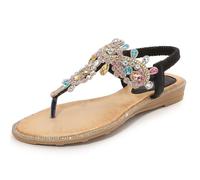 NACKINg Sandalen Damen Glitzer Strass Sandaletten mit Keilabsatz Bohemia Zehentrenner Sommer Flache Frauen Schuhe Farbigen Keilsandalen Elegant Bequem Sommerschuhe, Schwarz, EU 37