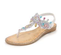 NACKINg Sandalen Damen Glitzer Strass Sandaletten mit Keilabsatz Bohemia Zehentrenner Sommer Flache Frauen Schuhe Farbigen Keilsandalen Elegant Bequem Sommerschuhe, Silber, EU 36