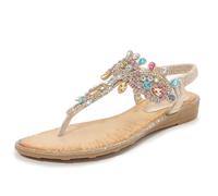NACKINg Sandalen Damen Glitzer Strass Sandaletten mit Keilabsatz Bohemia Zehentrenner Sommer Flache Frauen Schuhe Farbigen Keilsandalen Elegant Bequem Sommerschuhe, golden, EU 36